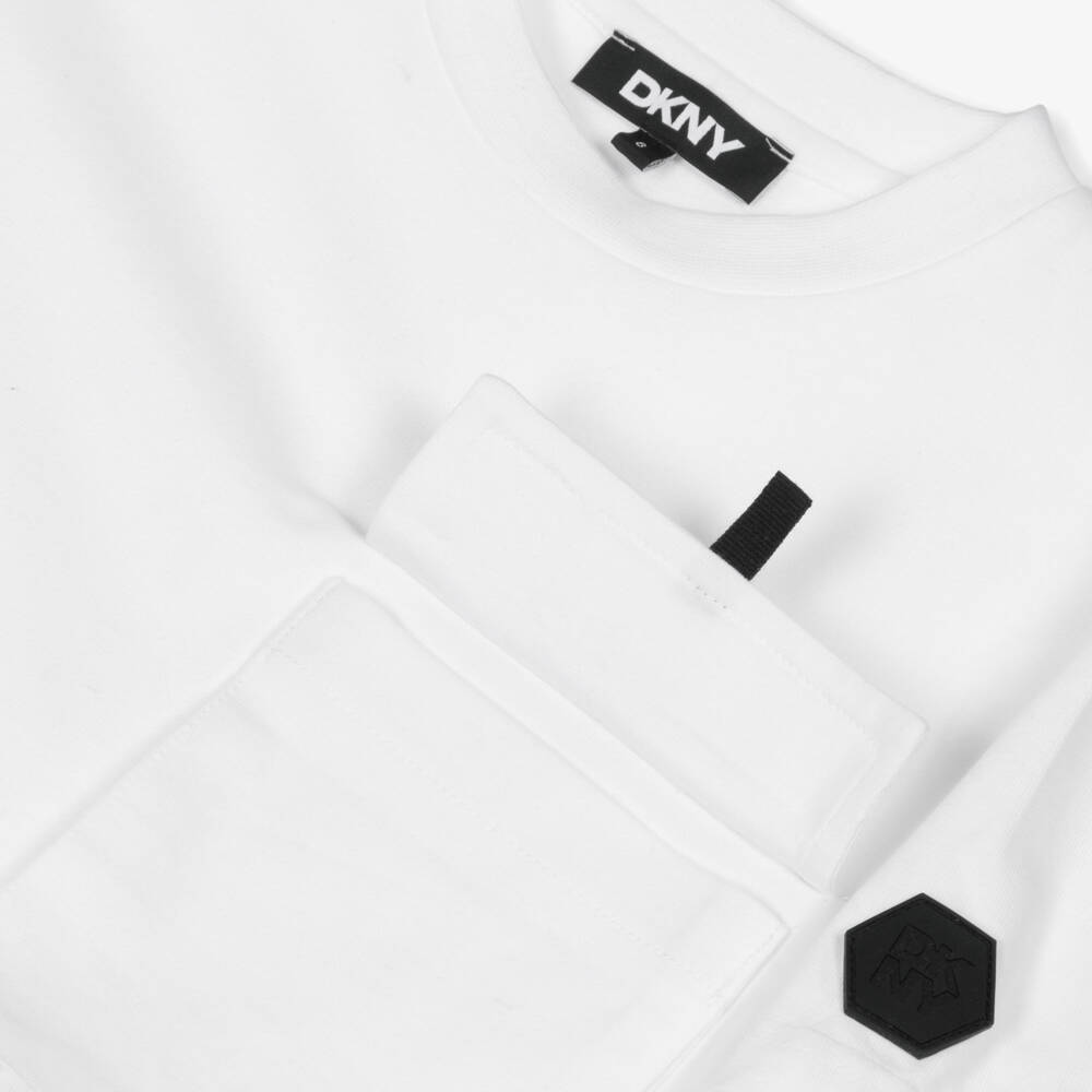 DKNY-White Cotton Jersey T-Shirt with Chest Pocket | Childrensalon