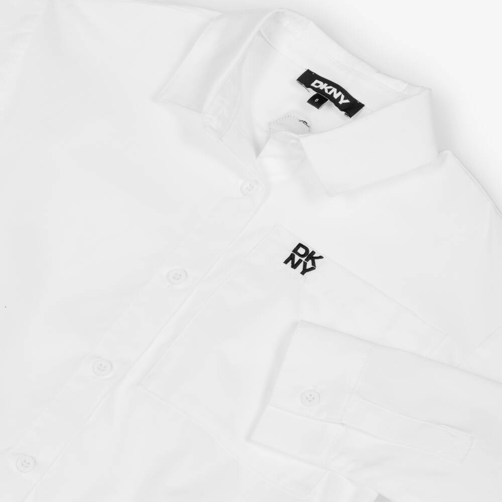 DKNY-White Cotton Poplin Shirt with Embroidered Logo Chest Pocket | Childrensalon
