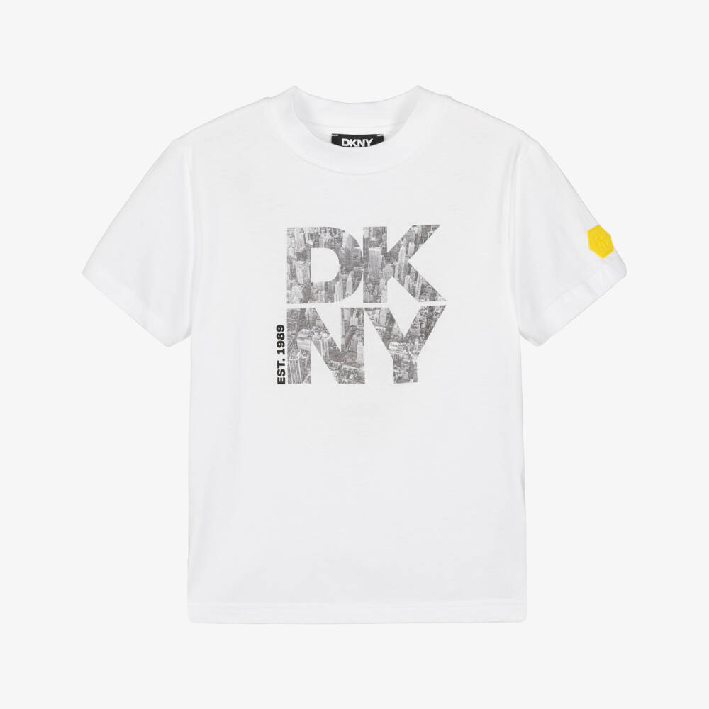 DKNY-White Cotton T-Shirt with Cityscape Logo Graphic | Childrensalon
