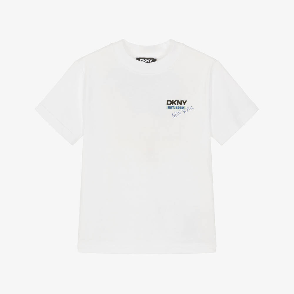 DKNY-White Cotton T-Shirt with Logo Prints | Childrensalon