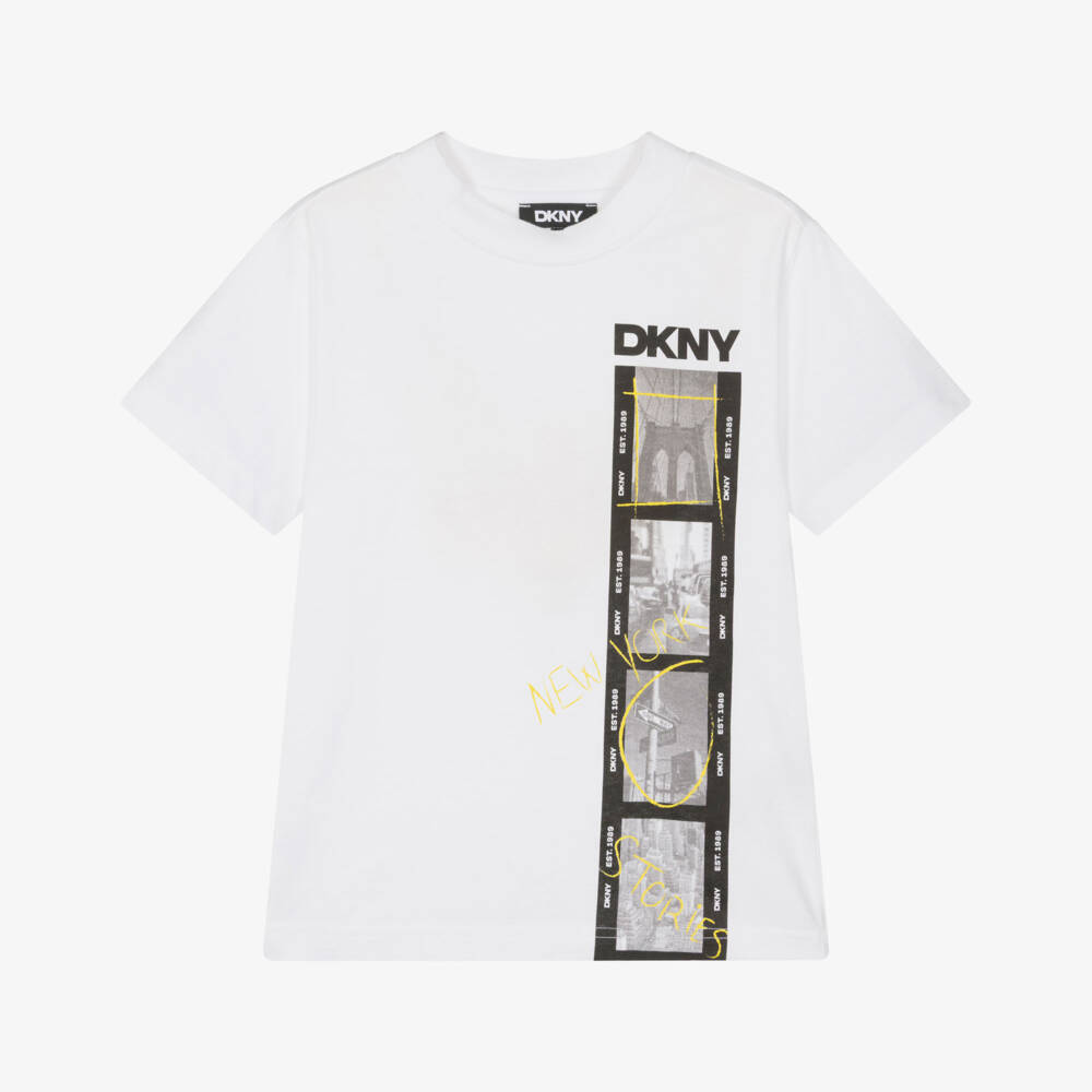DKNY-White Cotton T-Shirt with NY Graphic Print | Childrensalon