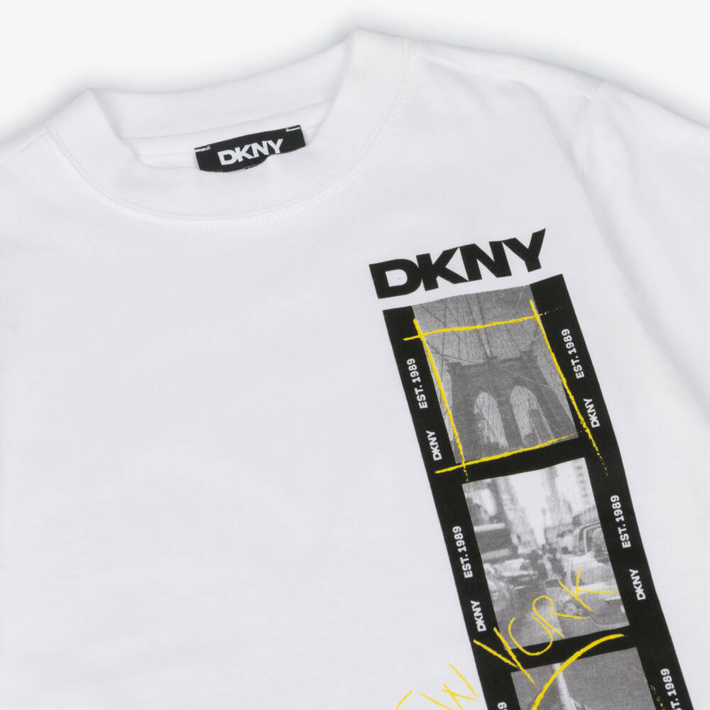 DKNY-White Cotton T-Shirt with NY Graphic Print | Childrensalon