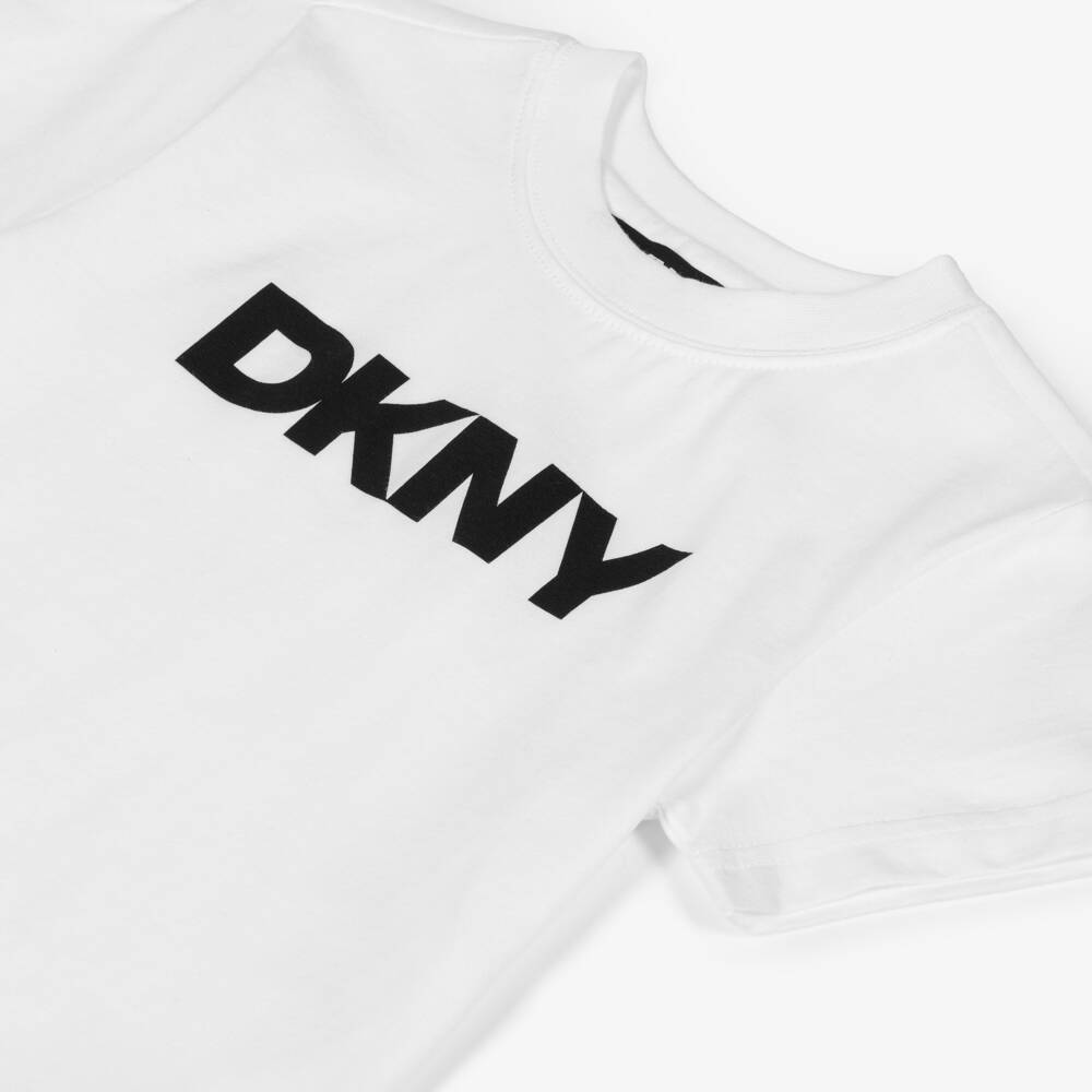 DKNY-White Cotton Jersey T-Shirt with Black Logo Print | Childrensalon