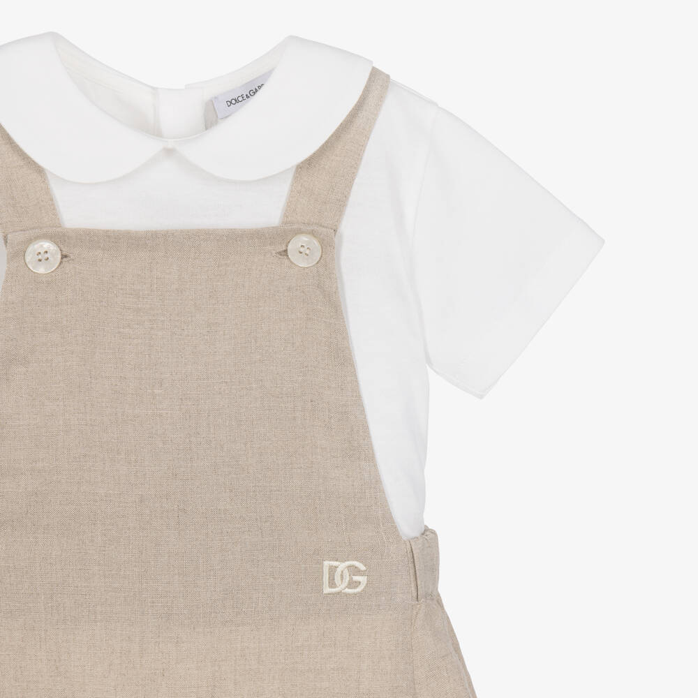 Dolce & Gabbana-Baby Boys Beige Linen Dungaree Shortie Set | Childrensalon