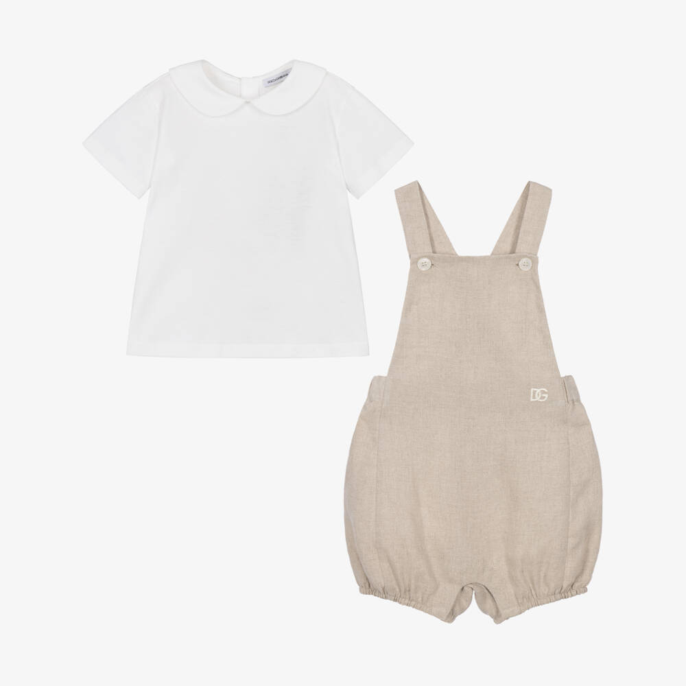 Dolce & Gabbana-Baby Boys Beige Linen Dungaree Shortie Set | Childrensalon