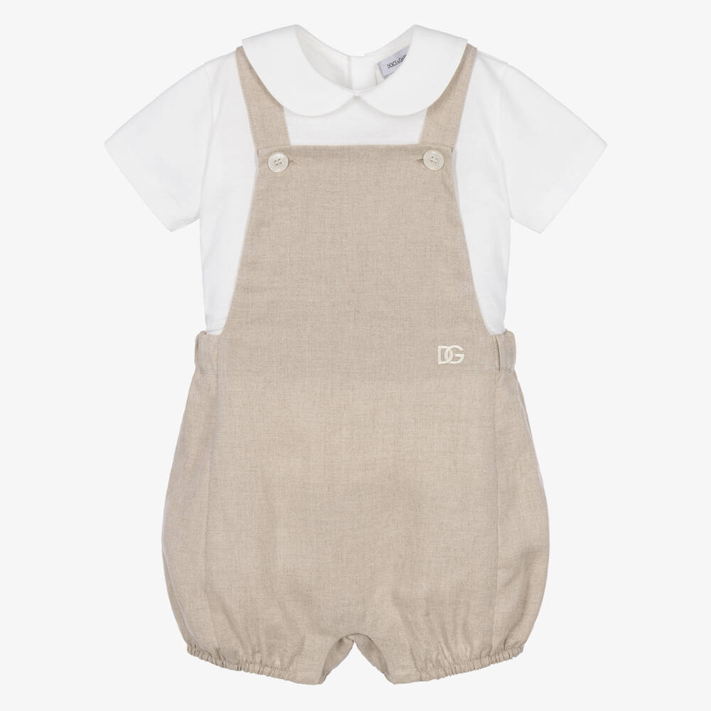 Dolce & Gabbana-Baby Boys Beige Linen Dungaree Shortie Set | Childrensalon