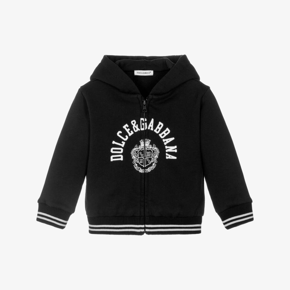 Dolce & Gabbana-Baby Boys Black Cotton Zip-Up Hoodie with White Crest Logo | Childrensalon