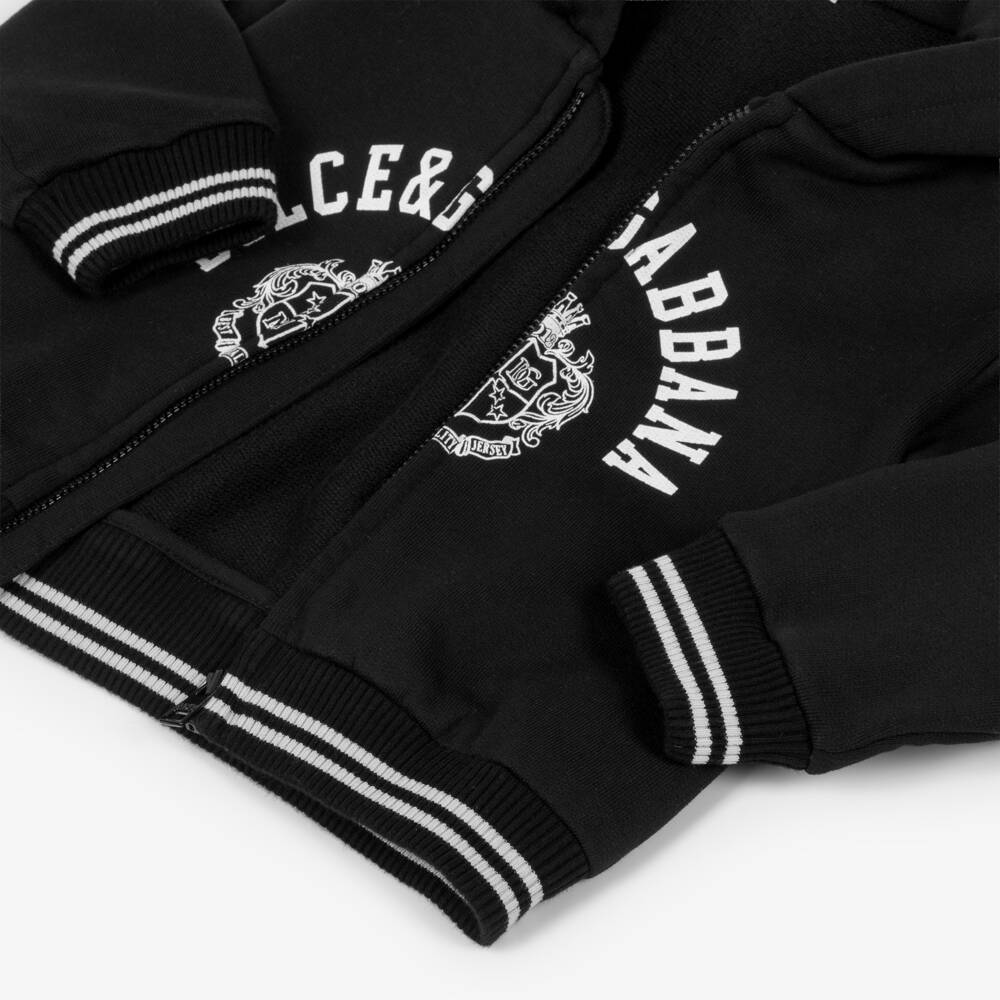Dolce & Gabbana-Baby Boys Black Cotton Zip-Up Hoodie with White Crest Logo | Childrensalon