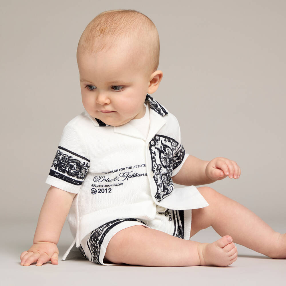 Dolce & Gabbana-Baby Boys Black & White Majolica Print Piqué Shirt | Childrensalon
