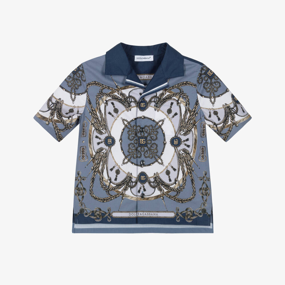 Dolce & Gabbana-Рубашка синяя из хлопка с принтом карго для мальчиков | Childrensalon