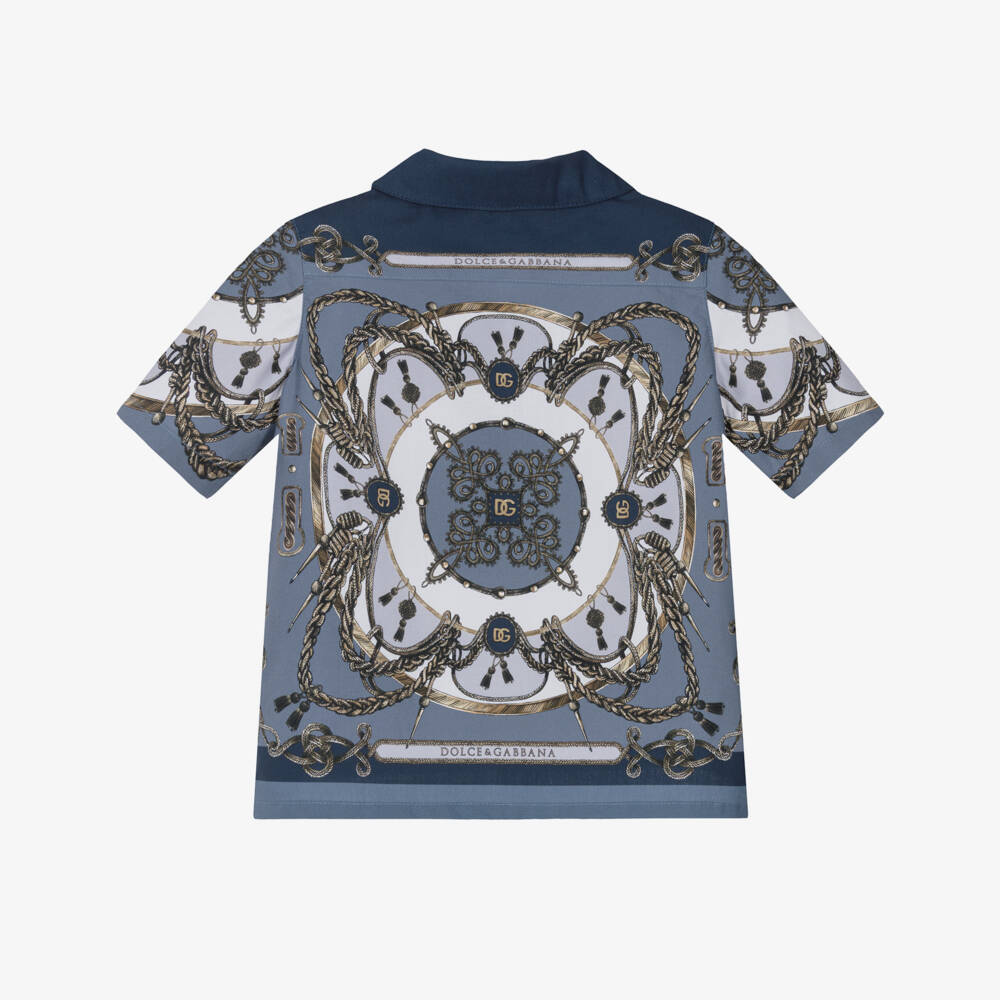 Dolce & Gabbana-Рубашка синяя из хлопка с принтом карго для мальчиков | Childrensalon