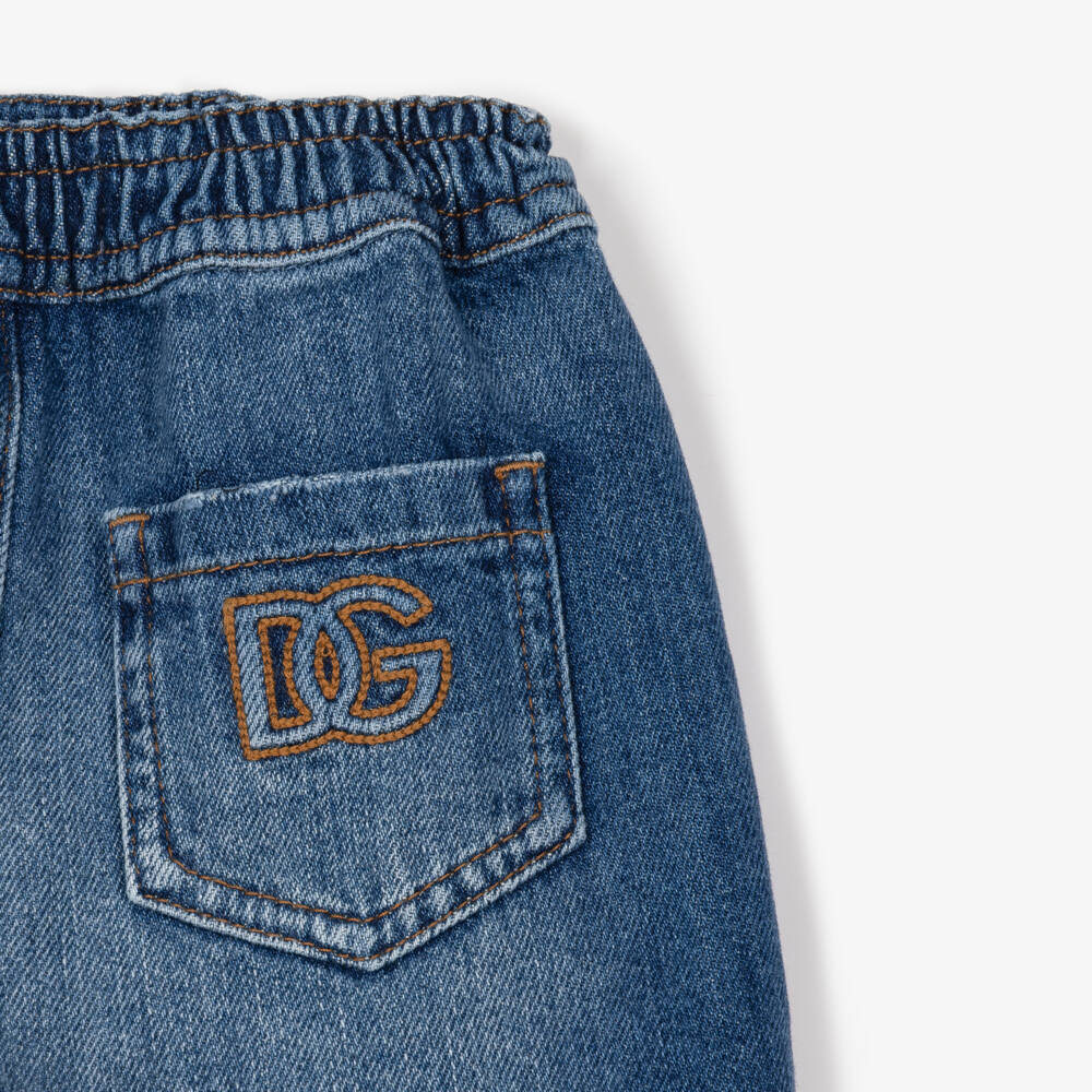 Dolce & Gabbana-Baby Boys Blue Denim Elasticated Shorts with DG Logo | Childrensalon