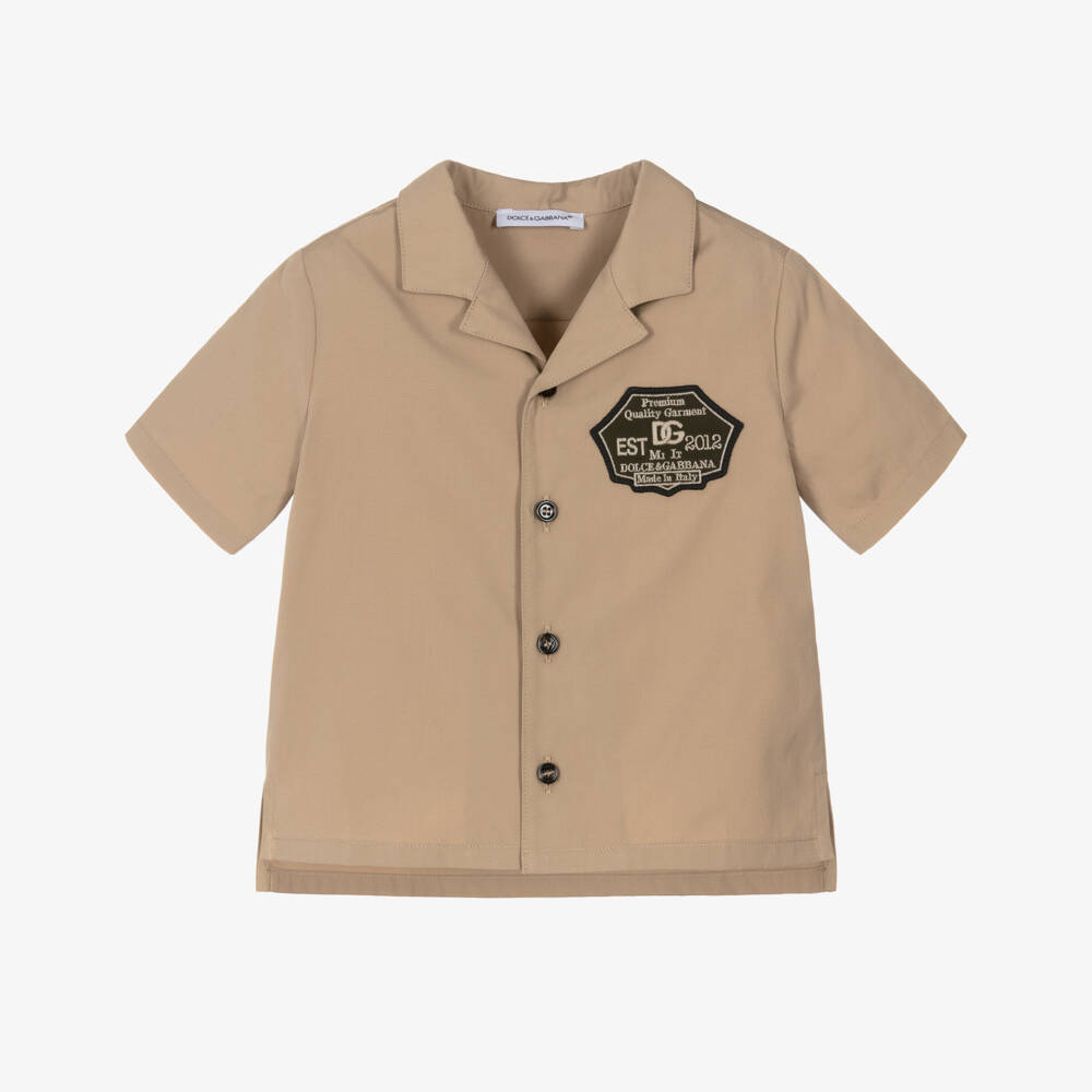 Dolce & Gabbana-Baby Boys Dark Beige Cotton Poplin Shirt with Logo Patch | Childrensalon