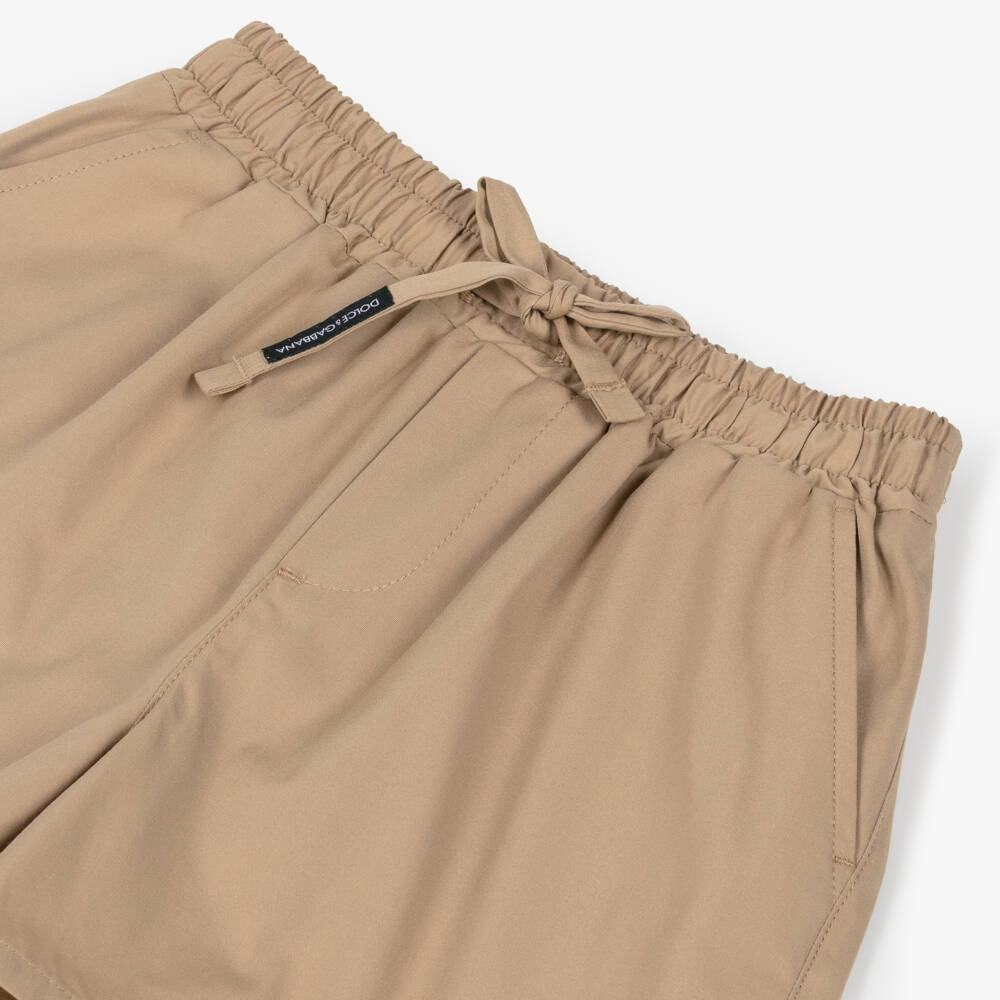 Dolce & Gabbana-Baby Boys Dark Beige Cotton Poplin Shorts with Logo Patch | Childrensalon