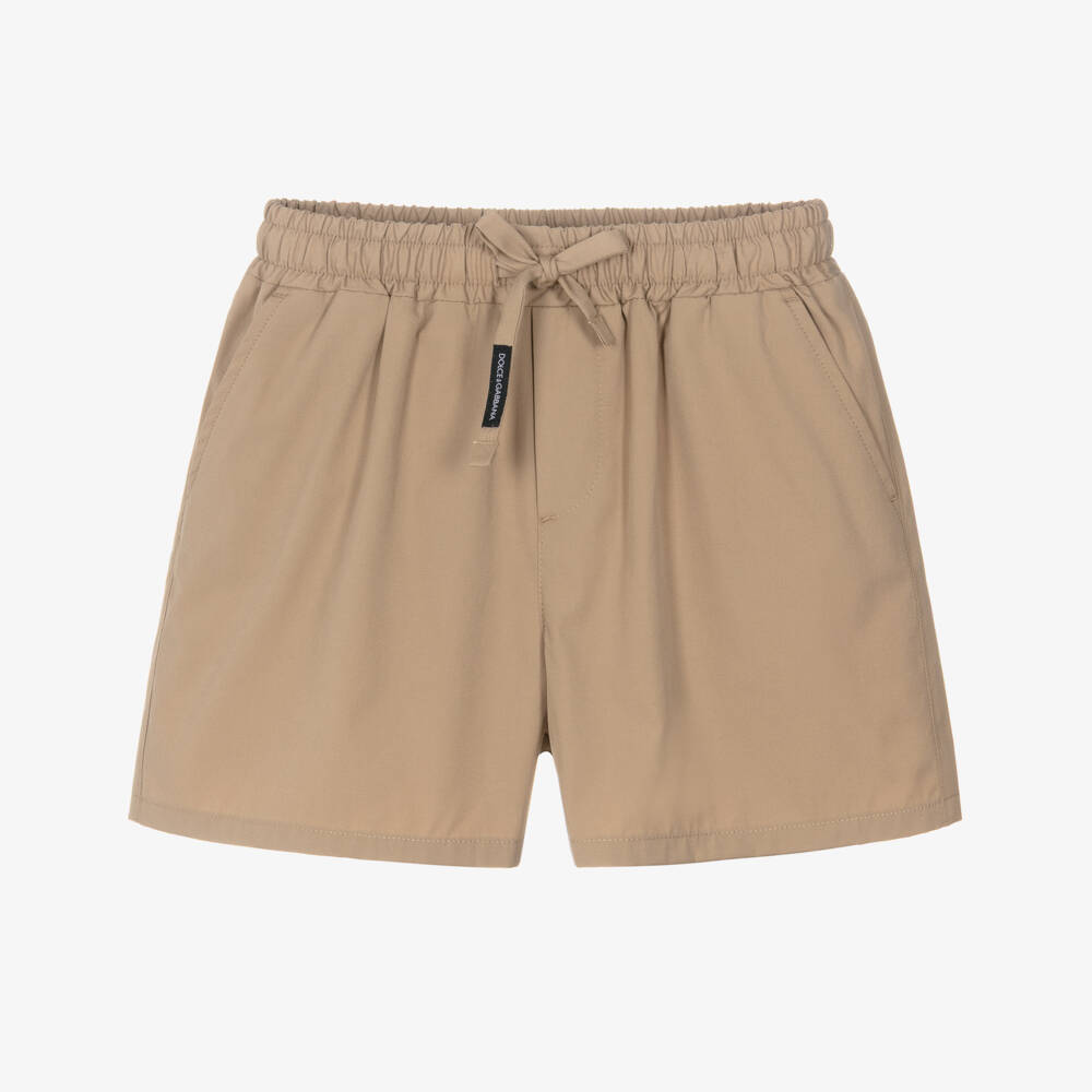 Dolce & Gabbana-Baby Boys Dark Beige Cotton Poplin Shorts with Logo Patch | Childrensalon
