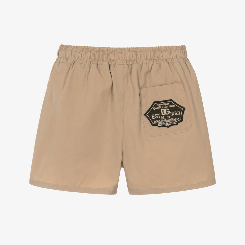 Dolce & Gabbana-Baby Boys Dark Beige Cotton Poplin Shorts with Logo Patch | Childrensalon