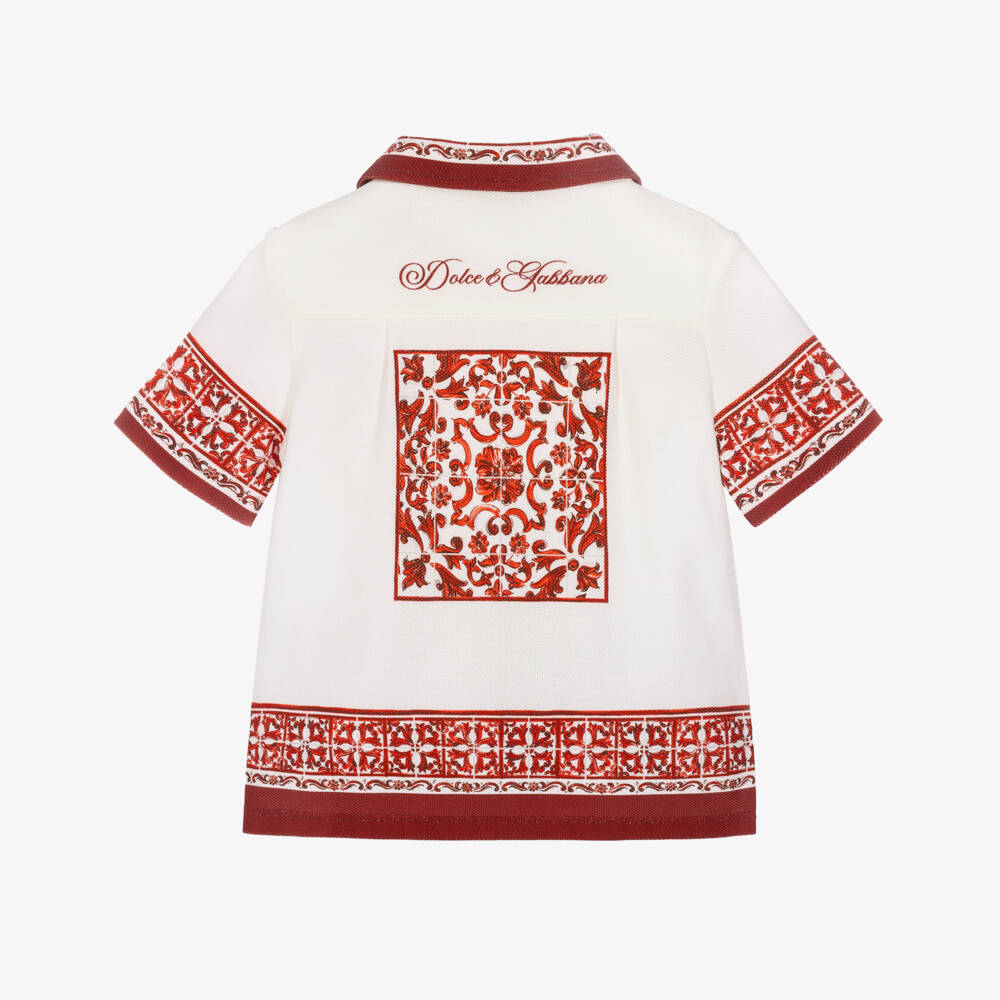 Dolce & Gabbana-Baby Boys Ivory Piqué Shirt with Red Majolica Print | Childrensalon