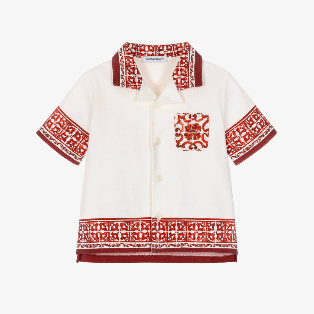 Dolce & Gabbana-Baby Boys Ivory Piqué Shirt with Red Majolica Print | Childrensalon