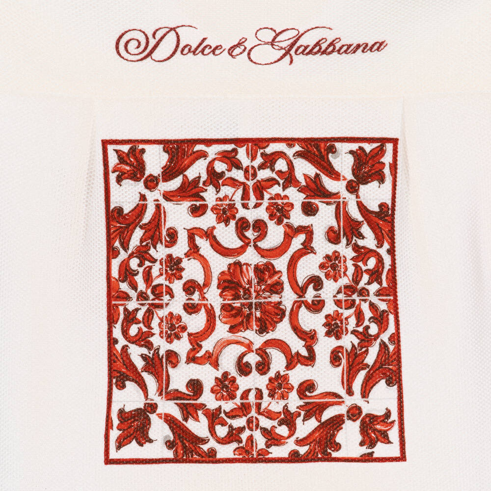 Dolce & Gabbana-Baby Boys Ivory Piqué Shirt with Red Majolica Print | Childrensalon