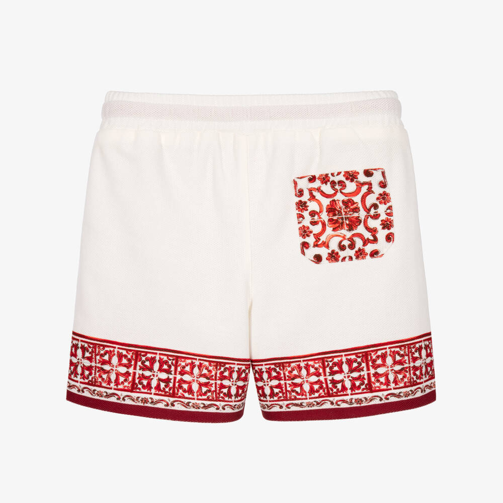 Dolce & Gabbana-Baby Boys Ivory Piqué Shorts with Red Majolica Print | Childrensalon