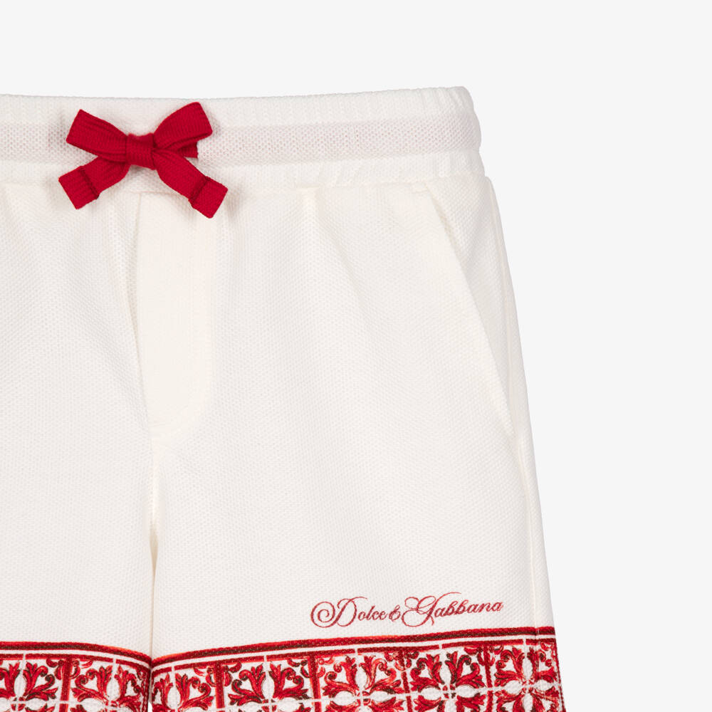 Dolce & Gabbana-Baby Boys Ivory Piqué Shorts with Red Majolica Print | Childrensalon