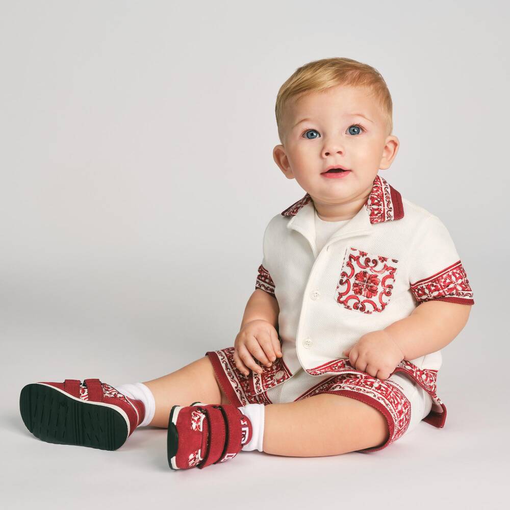 Dolce & Gabbana-Baby Boys Ivory Piqué Shorts with Red Majolica Print | Childrensalon