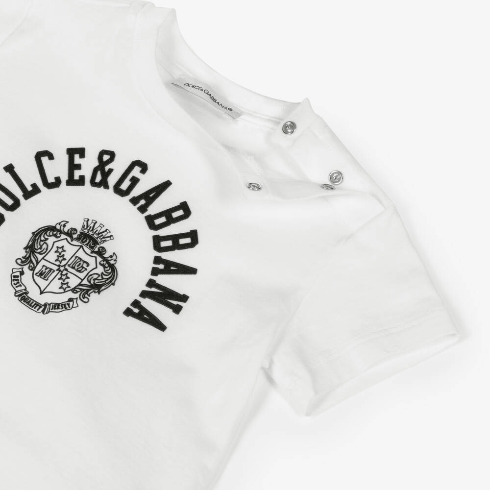 Dolce & Gabbana-Baby Boys White Cotton T-Shirt with Black Crest Logo | Childrensalon