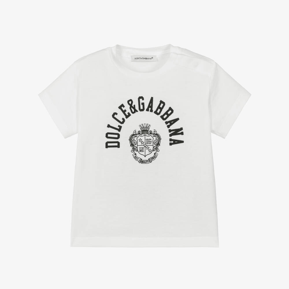 Dolce & Gabbana-Baby Boys White Cotton T-Shirt with Black Crest Logo | Childrensalon