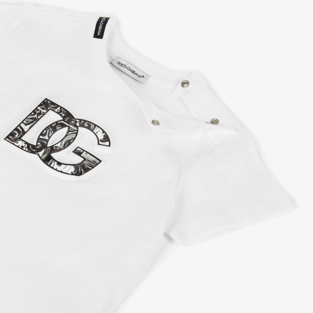 Dolce & Gabbana-Baby Boys White Cotton T-Shirt with Black Majolica DG Logo | Childrensalon
