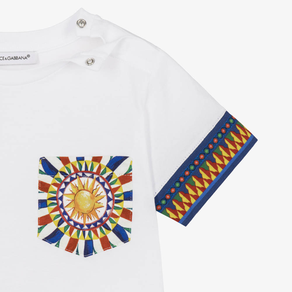 Dolce & Gabbana-Baby Boys White Cotton T-Shirt with Carretto Print | Childrensalon