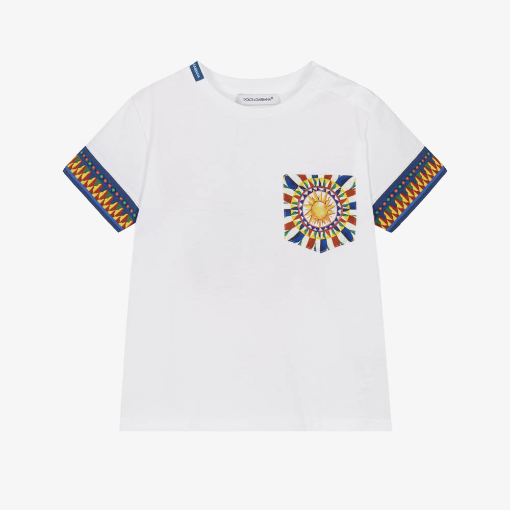 Dolce & Gabbana-Baby Boys White Cotton T-Shirt with Carretto Print | Childrensalon