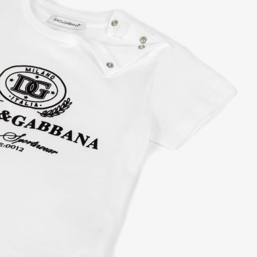 Dolce & Gabbana-Baby Boys White Cotton T-Shirt with Flocked Logo | Childrensalon