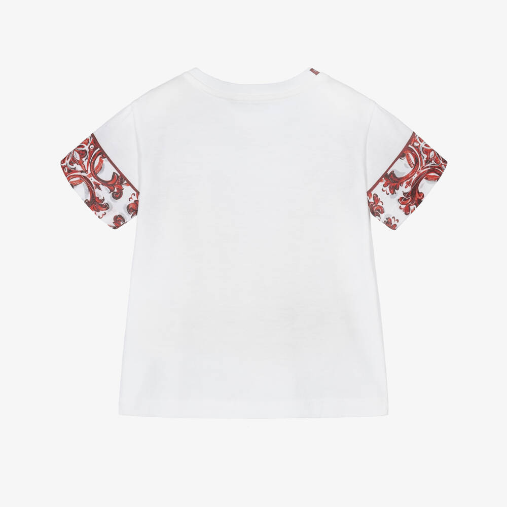 Dolce & Gabbana-Baby Boys White Cotton T-Shirt with Red Majolica Print | Childrensalon
