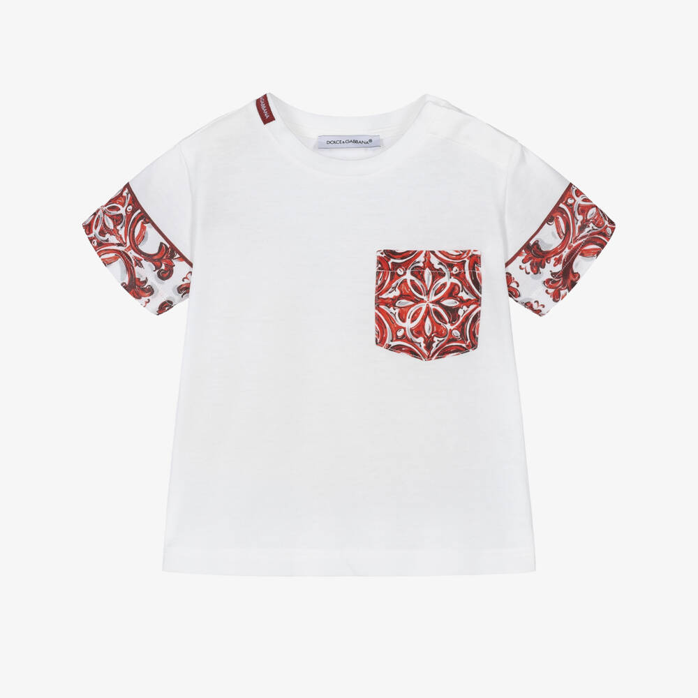 Dolce & Gabbana-Baby Boys White Cotton T-Shirt with Red Majolica Print | Childrensalon