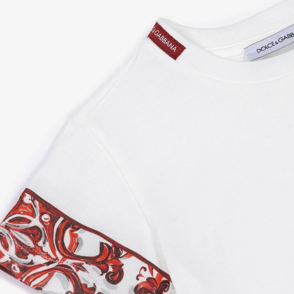 Dolce & Gabbana-Baby Boys White Cotton T-Shirt with Red Majolica Print | Childrensalon