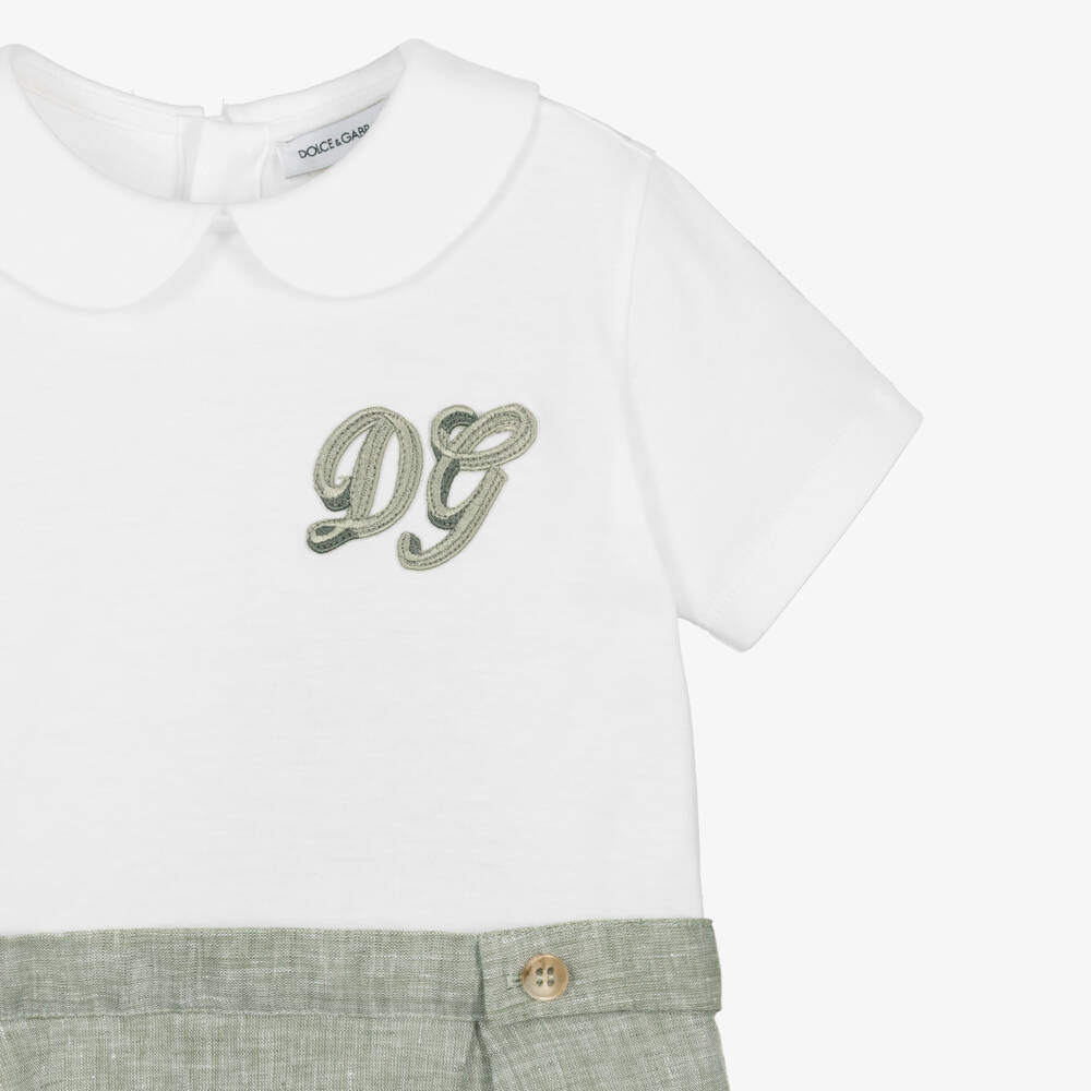Dolce & Gabbana-Baby Boys White Jersey & Green Linen DG Shortie | Childrensalon