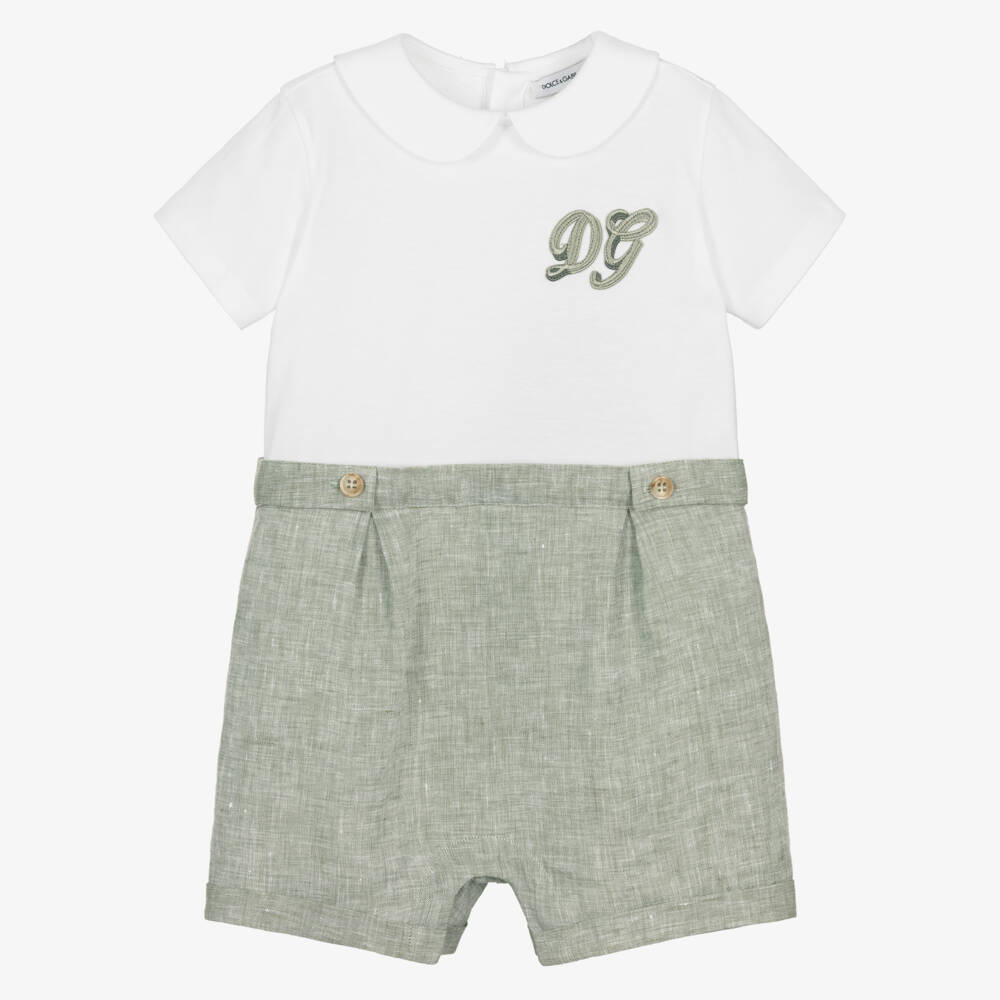 Dolce & Gabbana-Baby Boys White Jersey & Green Linen DG Shortie | Childrensalon