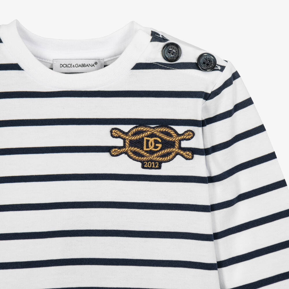 Dolce & Gabbana-Baby Boys White Striped Cotton Top with Marina Logo | Childrensalon