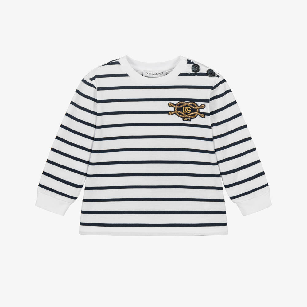 Dolce & Gabbana-Baby Boys White Striped Cotton Top with Marina Logo | Childrensalon