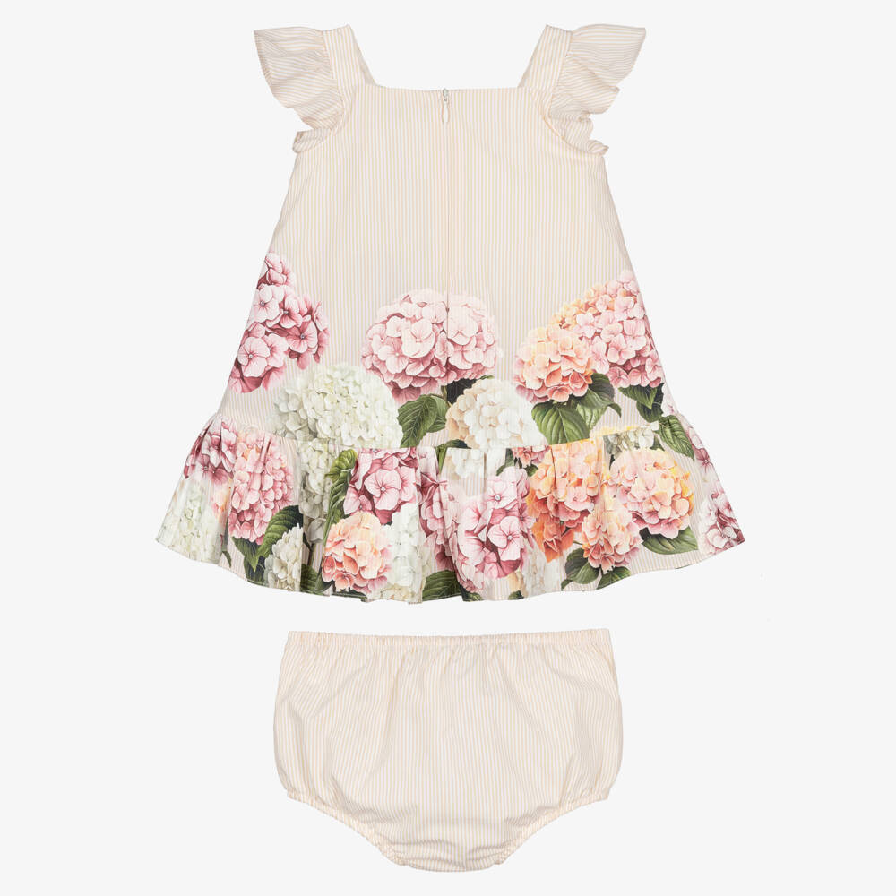 Dolce & Gabbana-Baby Girls Beige Stripes & Hydrangea Print Poplin Dress | Childrensalon