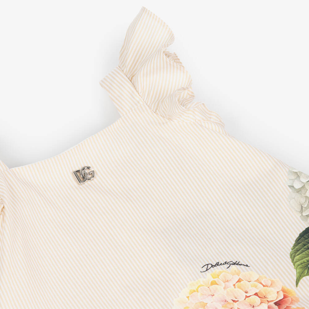 Dolce & Gabbana-Baby Girls Beige Stripes & Hydrangea Print Poplin Dress | Childrensalon