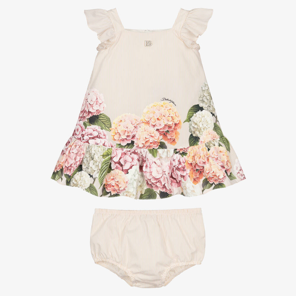 Dolce & Gabbana-Baby Girls Beige Stripes & Hydrangea Print Poplin Dress | Childrensalon