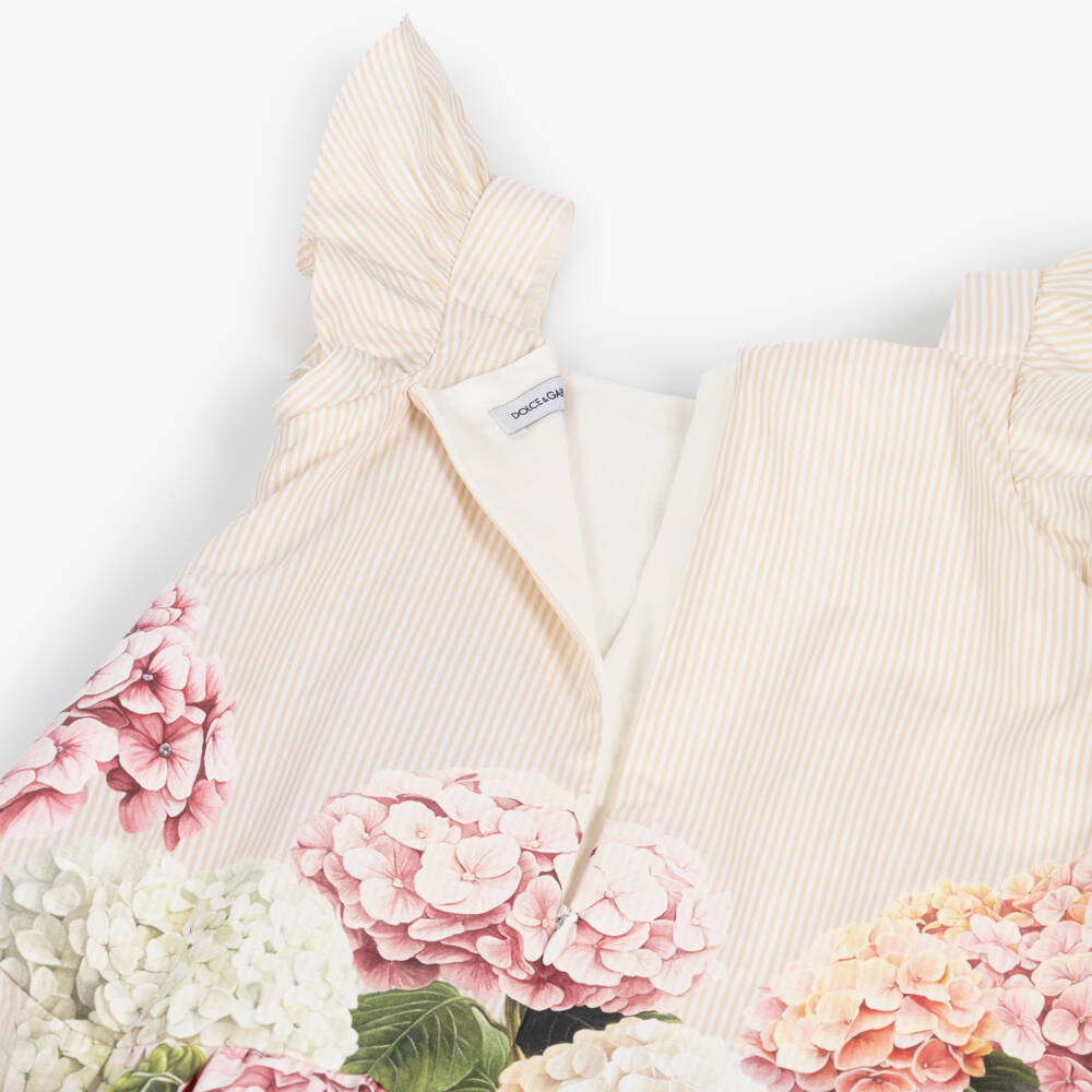 Dolce & Gabbana-Baby Girls Beige Stripes & Hydrangea Print Poplin Dress | Childrensalon