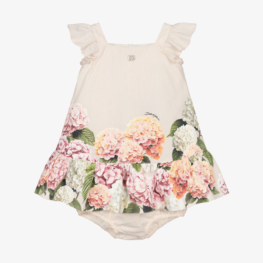 Dolce & Gabbana-Baby Girls Beige Stripes & Hydrangea Print Poplin Dress | Childrensalon