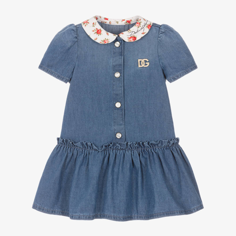 Dolce & Gabbana-Baby Girls Blue Chambray Dress with Floral Collar | Childrensalon