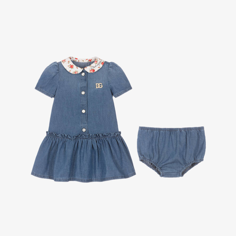 Dolce & Gabbana-Платье голубое из шамбре с цветочным воротником для малышек | Childrensalon