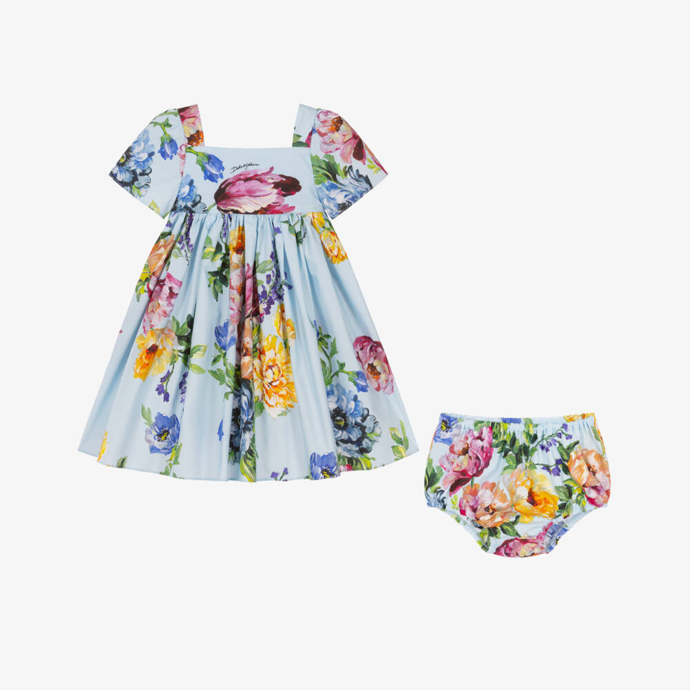 Dolce & Gabbana-Baby Girls Blue Floral Print Cotton Poplin Dress | Childrensalon