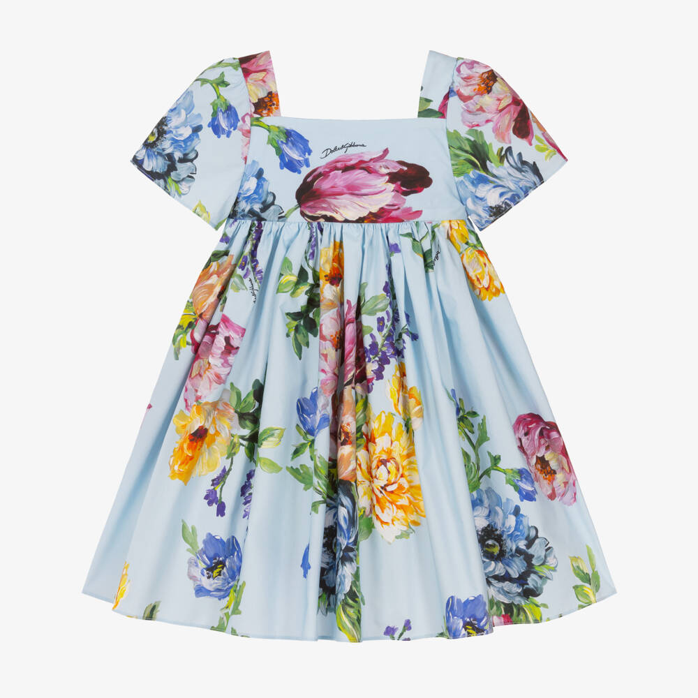 Dolce & Gabbana-Baby Girls Blue Floral Print Cotton Poplin Dress | Childrensalon