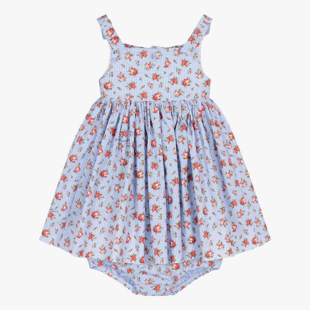 Dolce & Gabbana-Baby Girls Blue Gingham & Red Rose Print Poplin Dress | Childrensalon