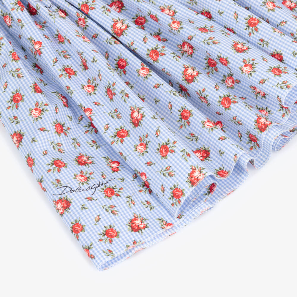 Dolce & Gabbana-Baby Girls Blue Gingham & Red Rose Print Poplin Dress | Childrensalon